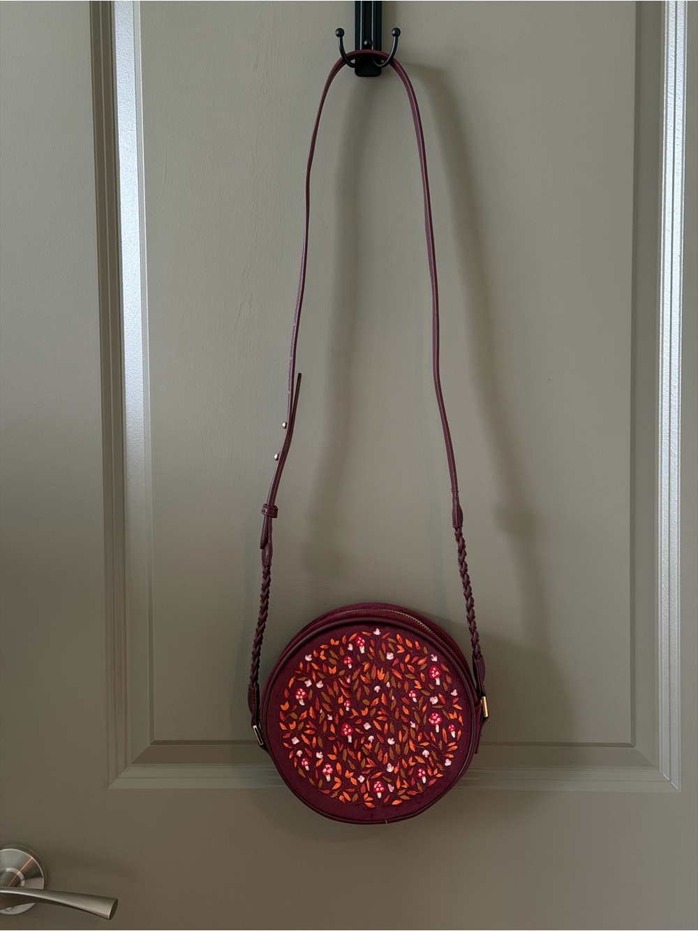 Fable England | Magical Mushroom Embroidered Burgundy Velvet Circle Bag